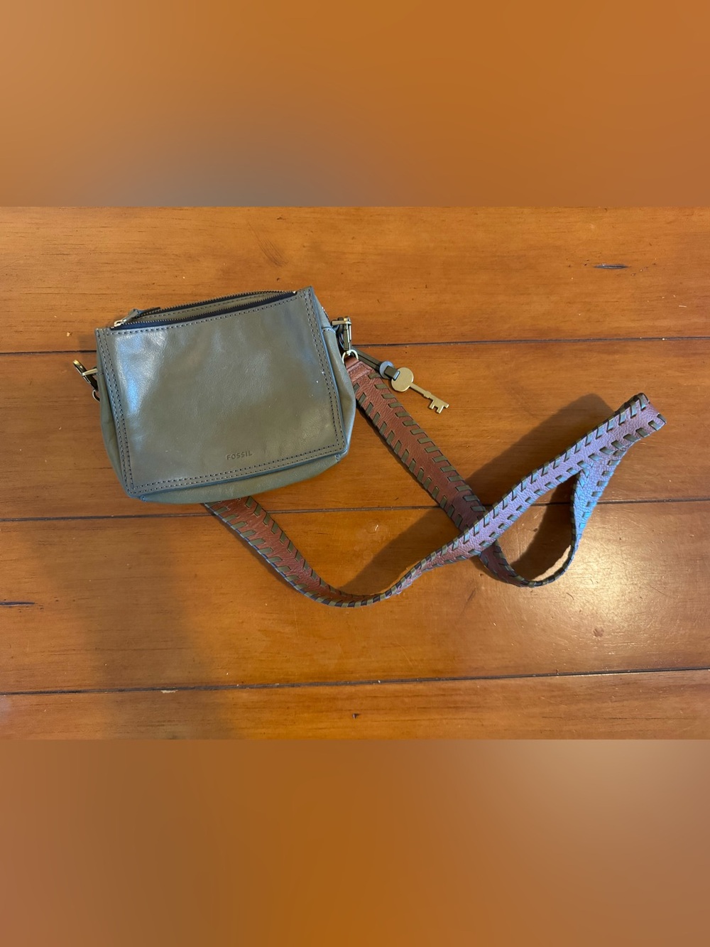 Fossil Olive Green Leather Crossbody with Braided Brown Strap and Key Charm